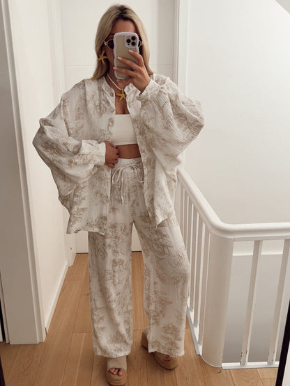 Toile Print Two-Piece Set with Oversized Shirt and Wide-Leg Pants