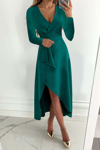 Solid Long Sleeve Wrap Dress with V-Neck and Asymmetrical Hem