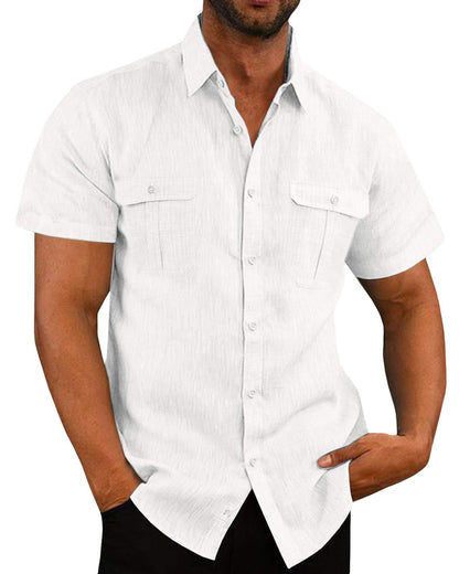 Solid Short Sleeve Linen Blend Shirt with Double Pockets