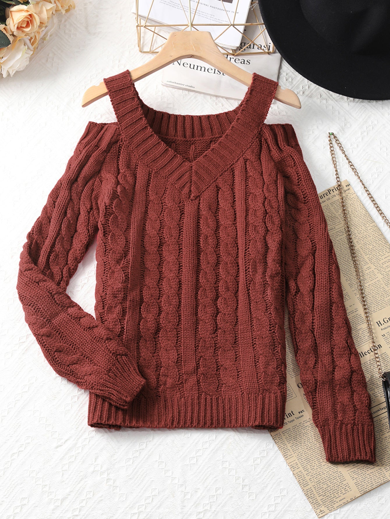 Cable-Knit V-Neck Sweater with Cold-Shoulder Cutouts