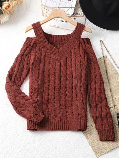 Cable-Knit V-Neck Sweater with Cold-Shoulder Cutouts