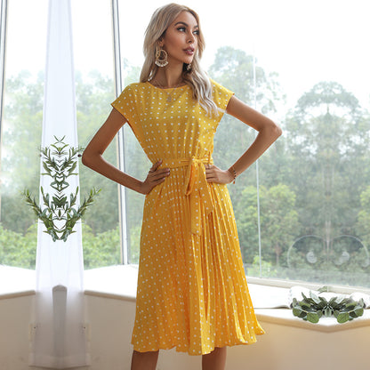 Polka Dot Pleated Midi Dress with Self-Tie Belt