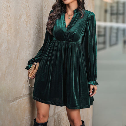 Loose Velvet Mini Dress with Wrap V-Neck and Lantern Sleeves