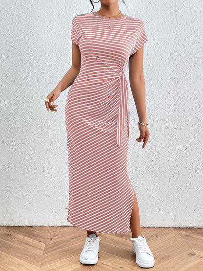 Striped Bodycon Maxi Dress with Side Tie and Slit