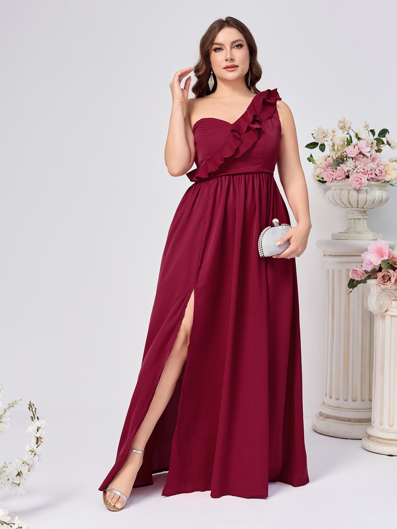 Plus Size Chiffon Maxi Dress with One-Shoulder Ruffle and Slit