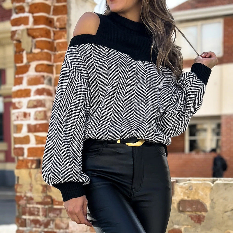 Herringbone Sweater with Cold Shoulder and Ribbed Turtleneck