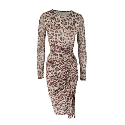 Leopard Print Bodycon Midi Dress with Ruched Slit