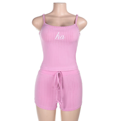 Slim-Fit Ribbed Shorts Set with Letter Embroidered Sling Top