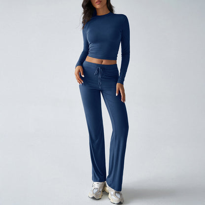 Solid Cropped Long-Sleeve Top & Straight-Leg Pants Loungewear Set