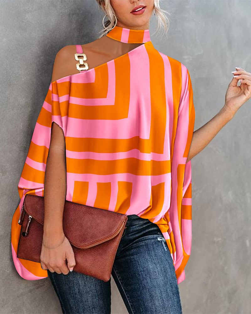 Printed Loose Top with Choker Neck and One-Shoulder Cutout