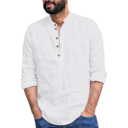 Loose Fit Cotton Blend Henley Shirt with Mandarin Collar