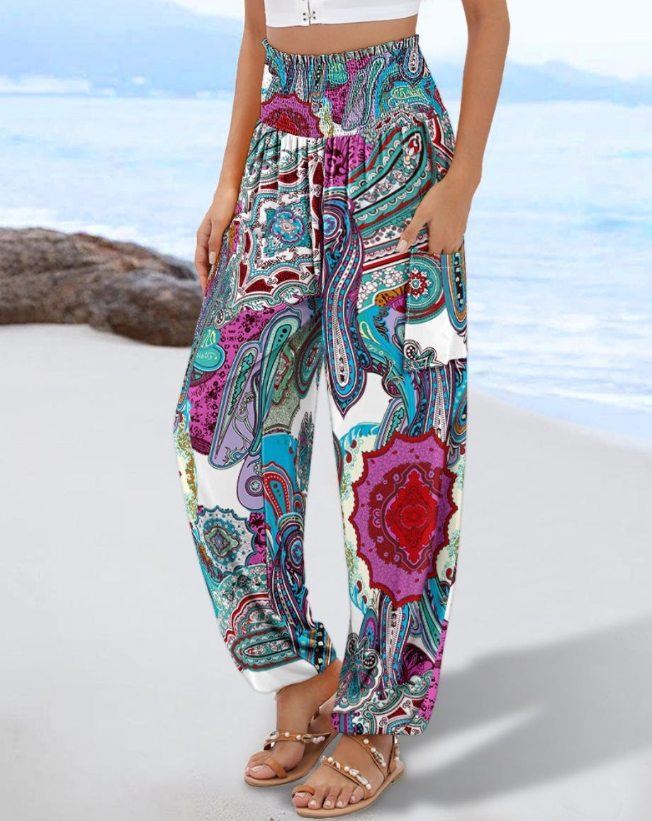 Bohemian Print Harem Pants with Smocked High Waist