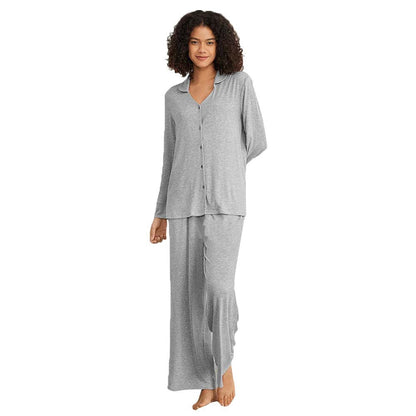 Solid Ribbed Loungewear Set with Button Front and Wide-Leg Pants