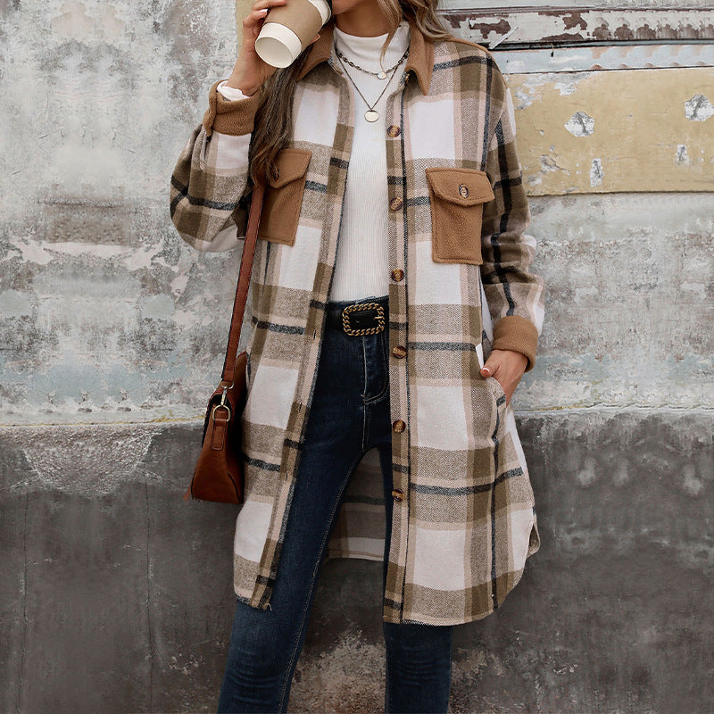 Long Plaid Shirt Jacket with Contrast Pockets