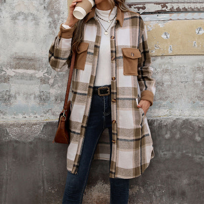 Long Plaid Shirt Jacket with Contrast Pockets
