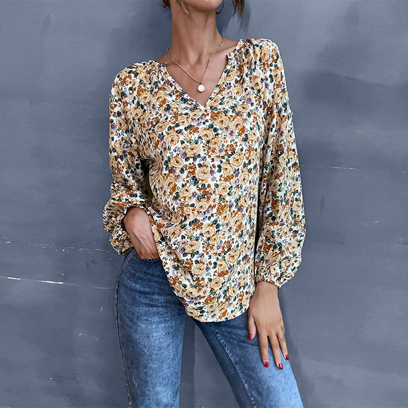 Loose Floral Blouse with V-Neck and Balloon Sleeves