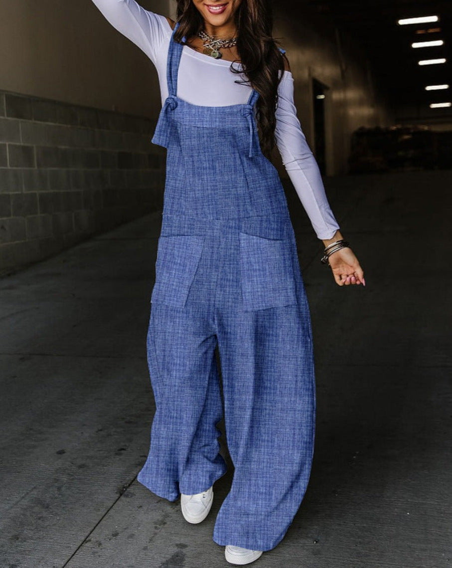 Printed Wide-Leg Dungarees with Tie Straps
