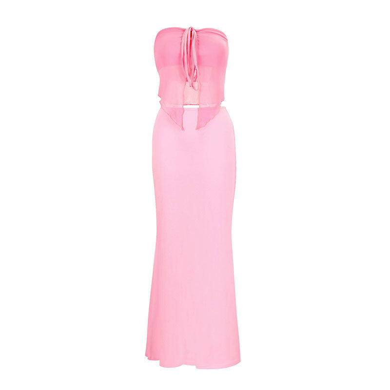 Solid Tube Top & Long Skirt Set with Front Tie Detail