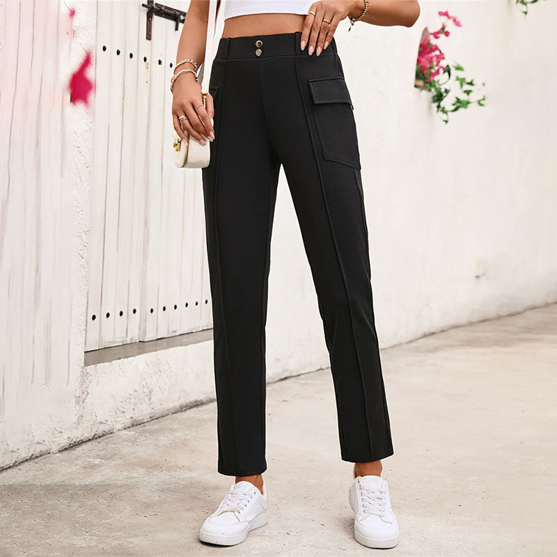 High-Waisted Straight-Leg Knit Pants with Button Front and Cargo Pockets