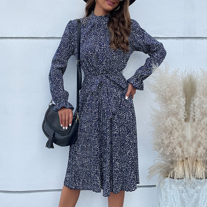 Dotted Print Pleated Midi Dress with Mock Neck