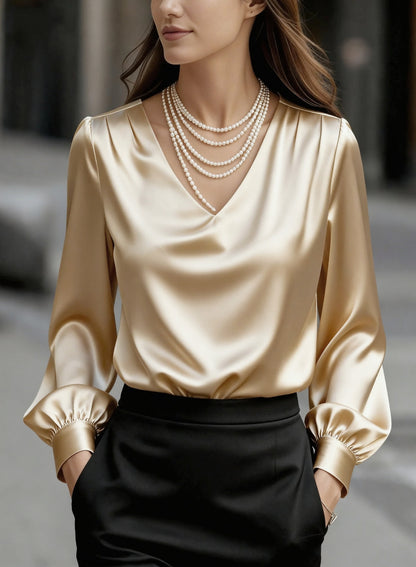Solid Satin Blouse with V-Neck and Puff Sleeves