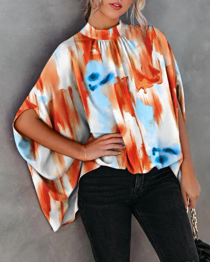 Loose Letter Print Blouse with Mock Neck and Cape Sleeves