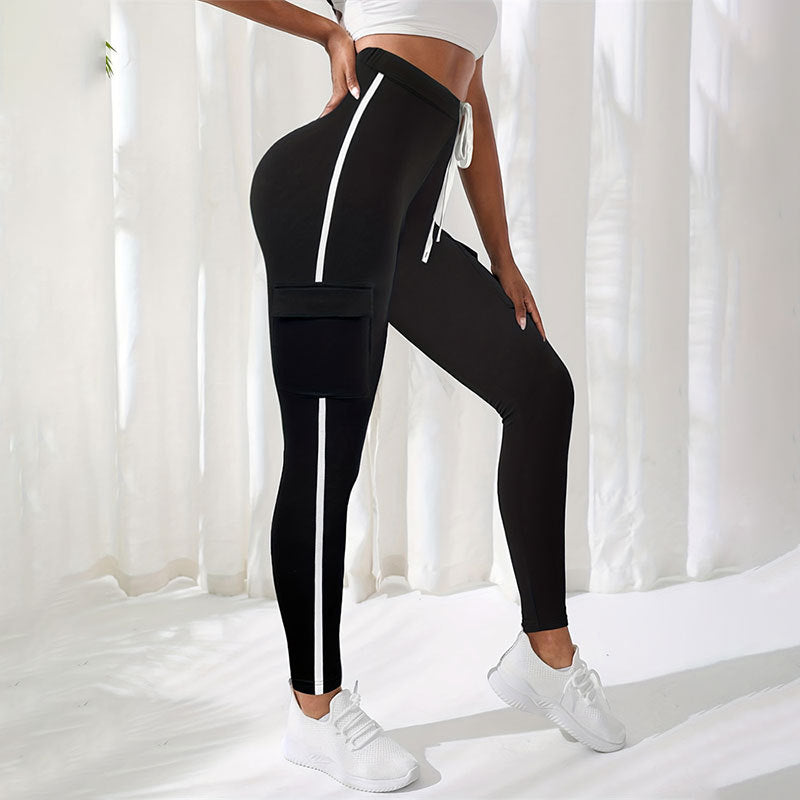 High-Waist Leggings with Side Stripes and Cargo Pockets