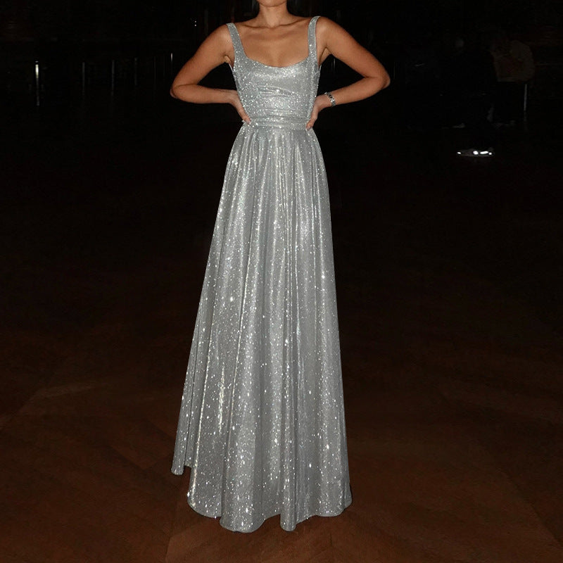 V-Neck Sleeveless Shiny Sequin Slip Dress Solid Color