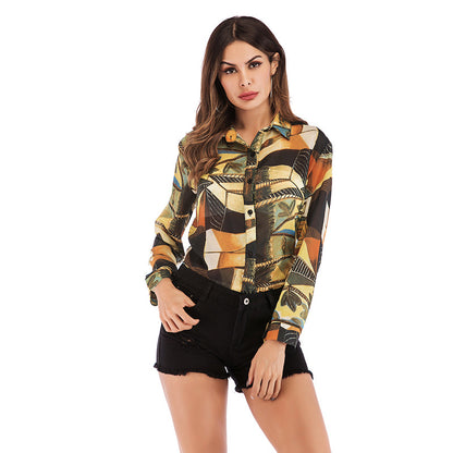 Abstract Print Chiffon Button-Down Shirt with Lapel Collar
