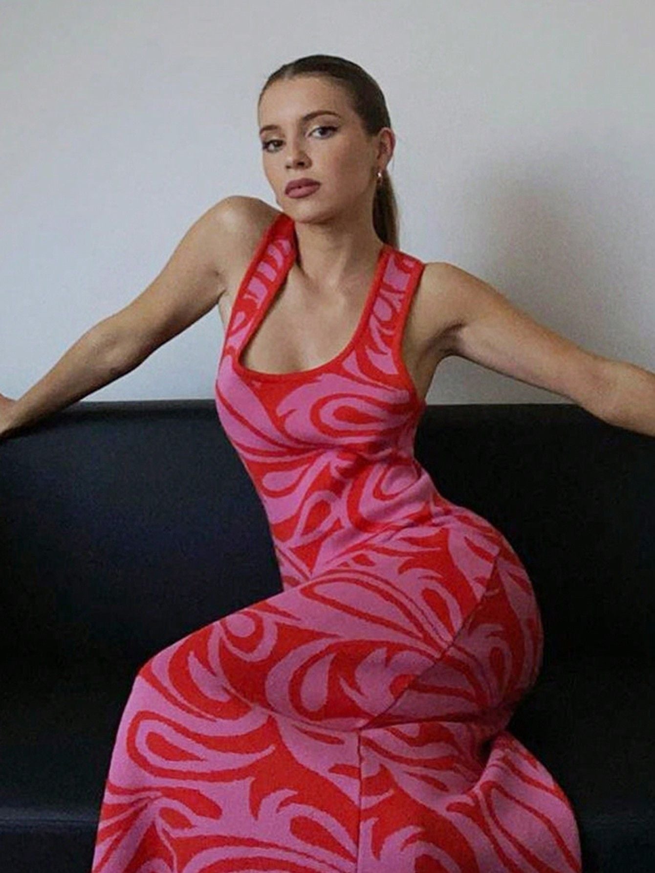 Swirl Print Bodycon Maxi Dress with Backless Detail