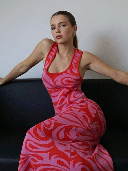 Swirl Print Bodycon Maxi Dress with Backless Detail