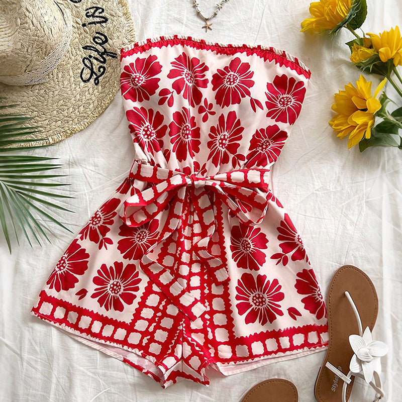 Floral Print Strapless Romper with Tie-Waist and Wide Legs