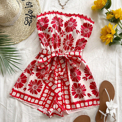 Floral Print Strapless Romper with Tie-Waist and Wide Legs
