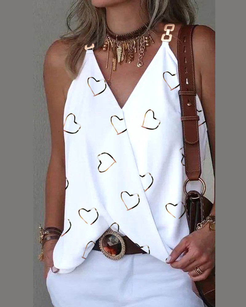 Printed Sleeveless Top with V-Neck and Metal Buckle Straps