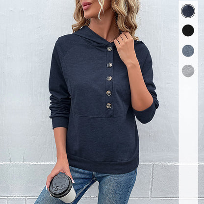Loose Fit Pullover Hoodie with Henley Button Placket