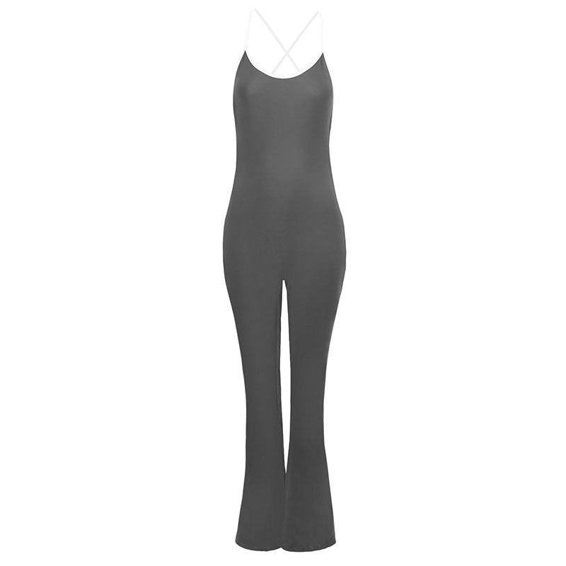 Bodycon Flared Jumpsuit with Backless Detail and Contrast Trim