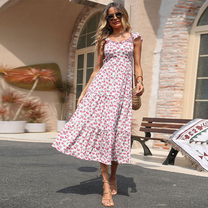 Floral Tiered Midi Dress with Ruffle Straps and Backless Detail