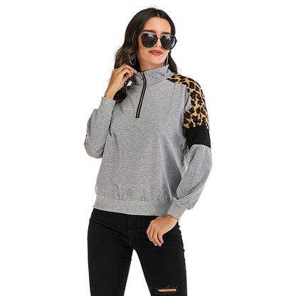 Quarter-Zip Color-Block Sweatshirt with Leopard Print