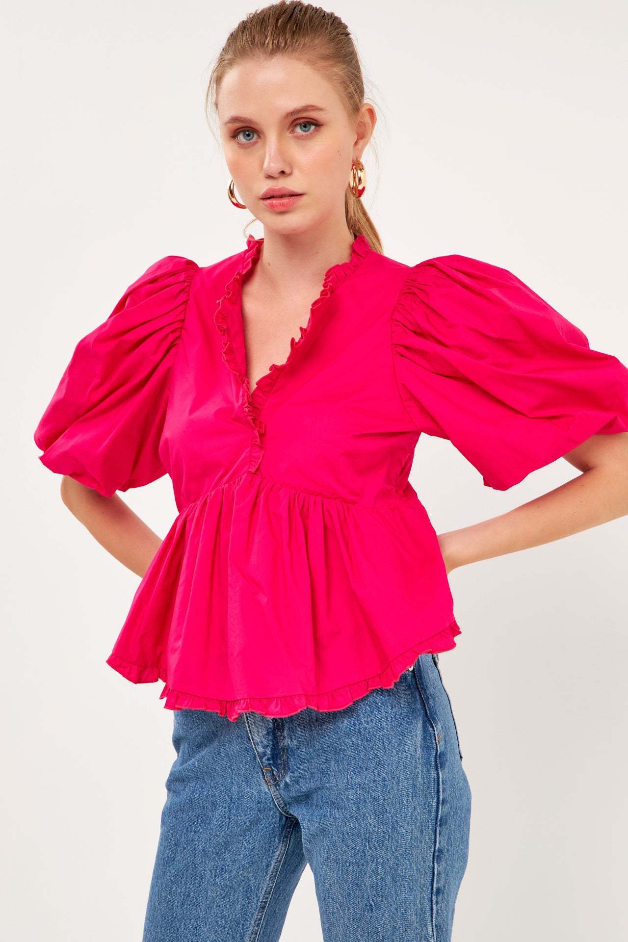 Peplum Blouse with Bubble Sleeves and Ruffle V-Neck