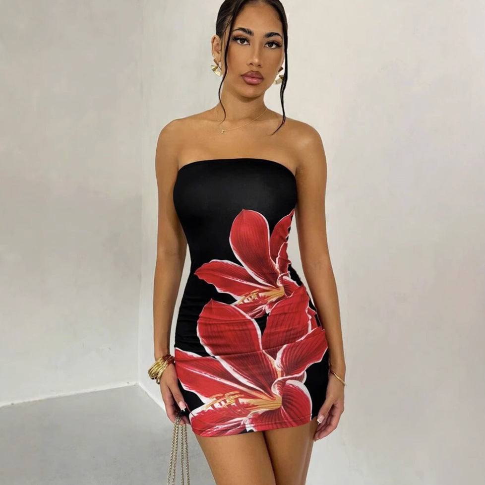 Strapless Bodycon Mini Dress with Large Floral Print