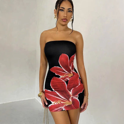 Strapless Bodycon Mini Dress with Large Floral Print