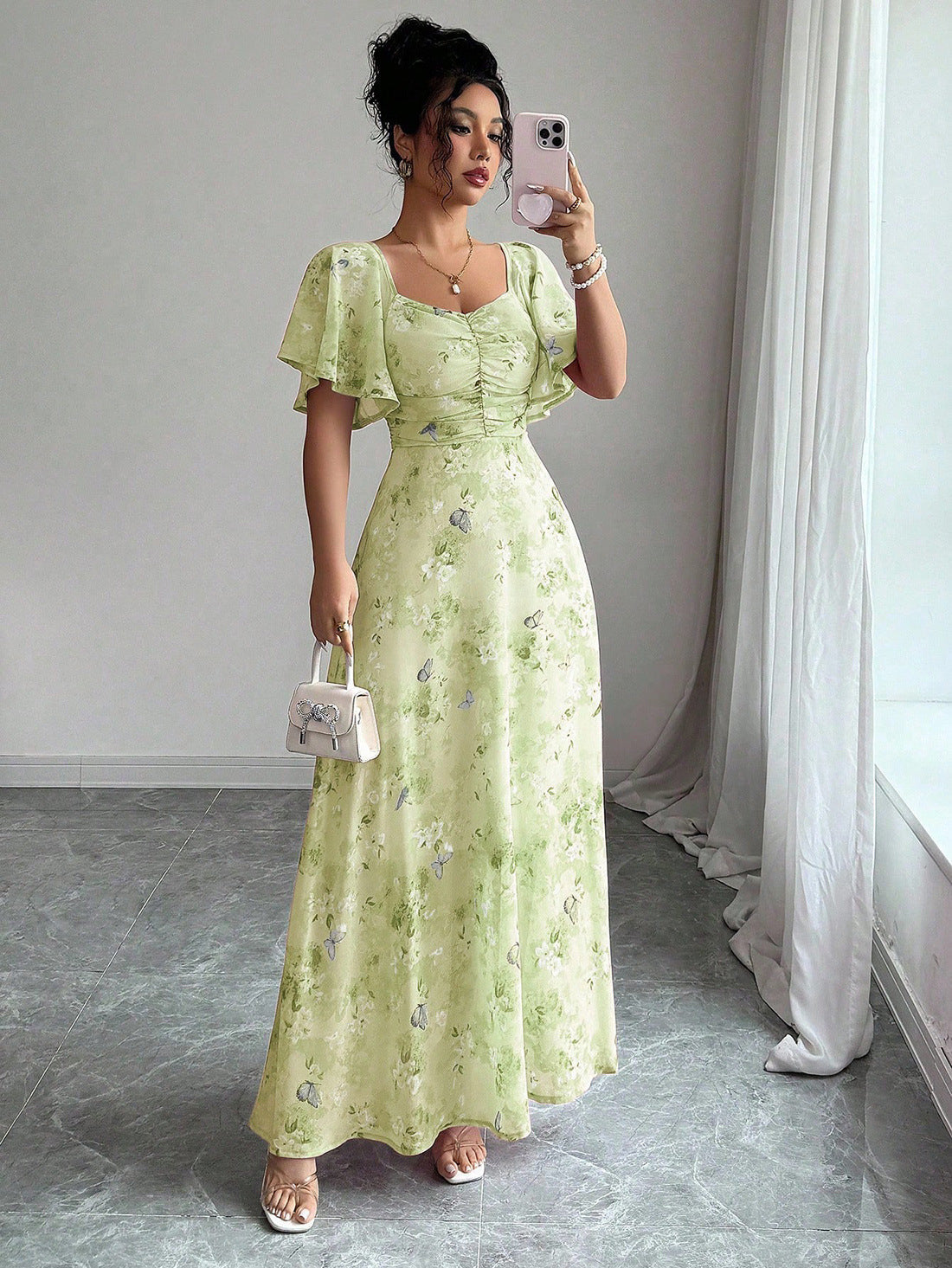 Floral Print Maxi Dress with Flutter Sleeves and Ruched Bust