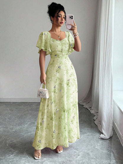 Floral Print Maxi Dress with Flutter Sleeves and Ruched Bust