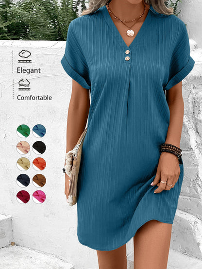 Ribbed A-Line Mini Dress with V-Neck and Button Detail
