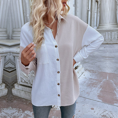 Color-Block Button-Down Shirt with Crinkled Texture