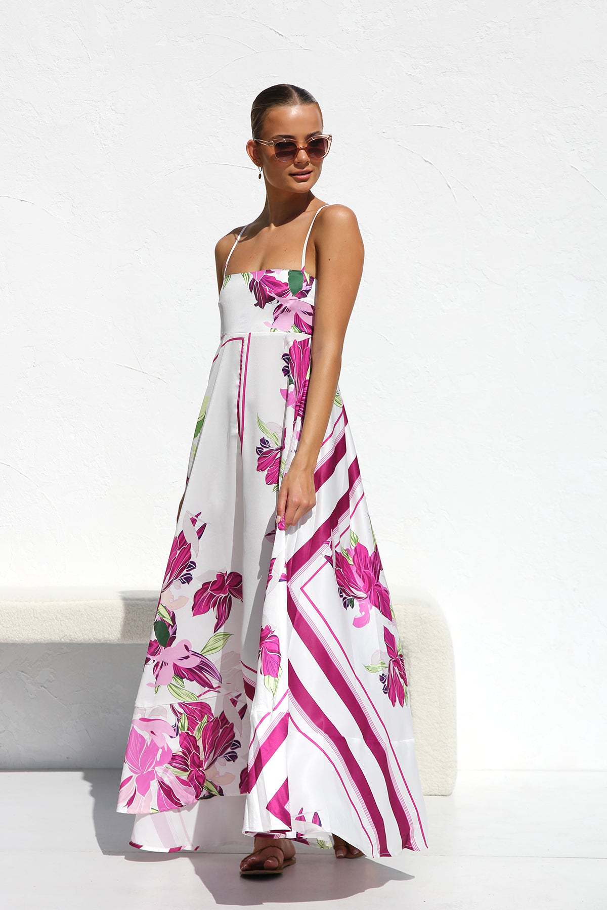 A-Line Maxi Dress with Abstract Print and Spaghetti Straps