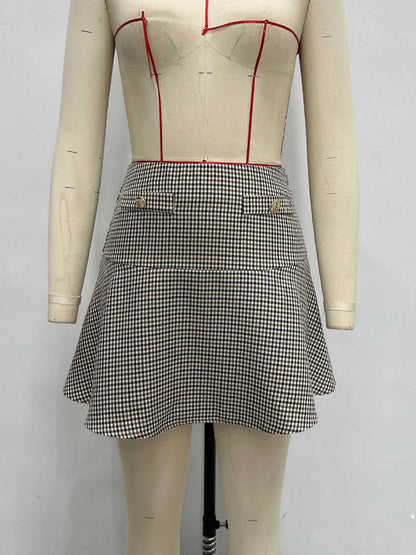 A-Line Plaid Short Skirt with High-Waist and Button Detail
