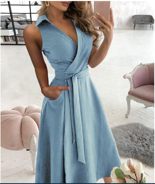 Solid A-Line Midi Dress with Collared V-Neck and Tie-Waist