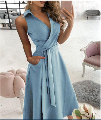 Solid A-Line Midi Dress with Collared V-Neck and Tie-Waist