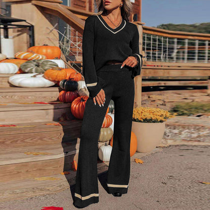 Contrast Trim Knit Two-Piece Set with V-Neck & Wide-Leg Pants